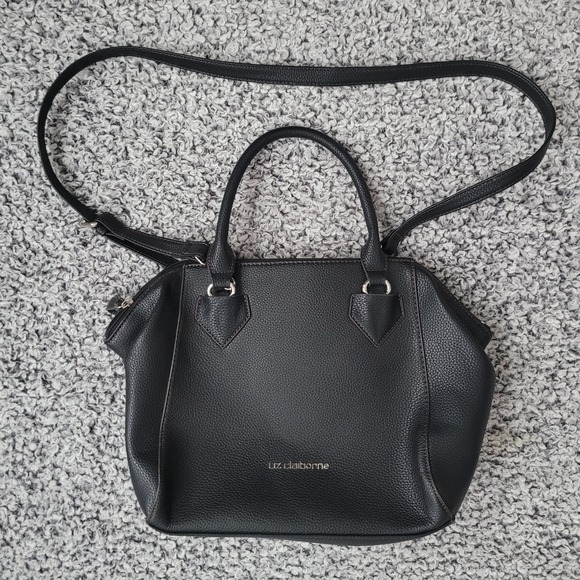 Liz Claiborne black pebbled faux leather satchel bag purse detachable strap goth - Picture 9 of 16